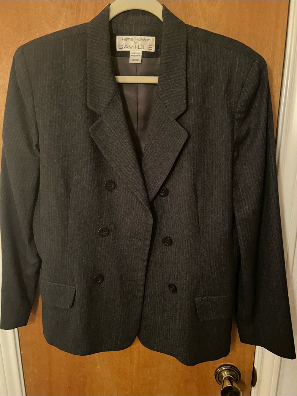 Women's Dark Gray Pinstripe Double-Breasted Blazer. 14